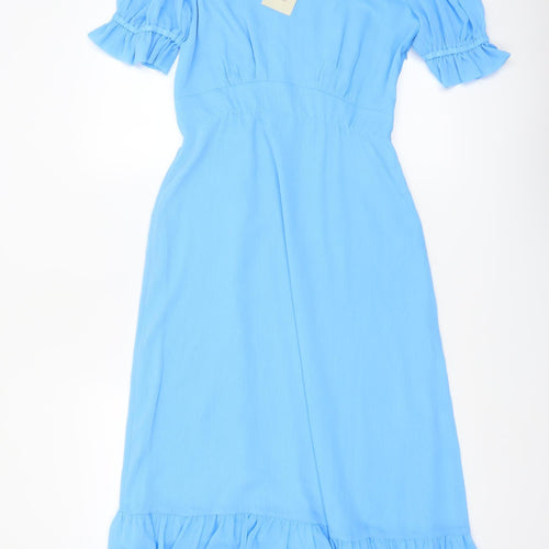 Finery Women Blue Midi Fit & Flare Dress UK 10 Ruffle Puff Sleeve