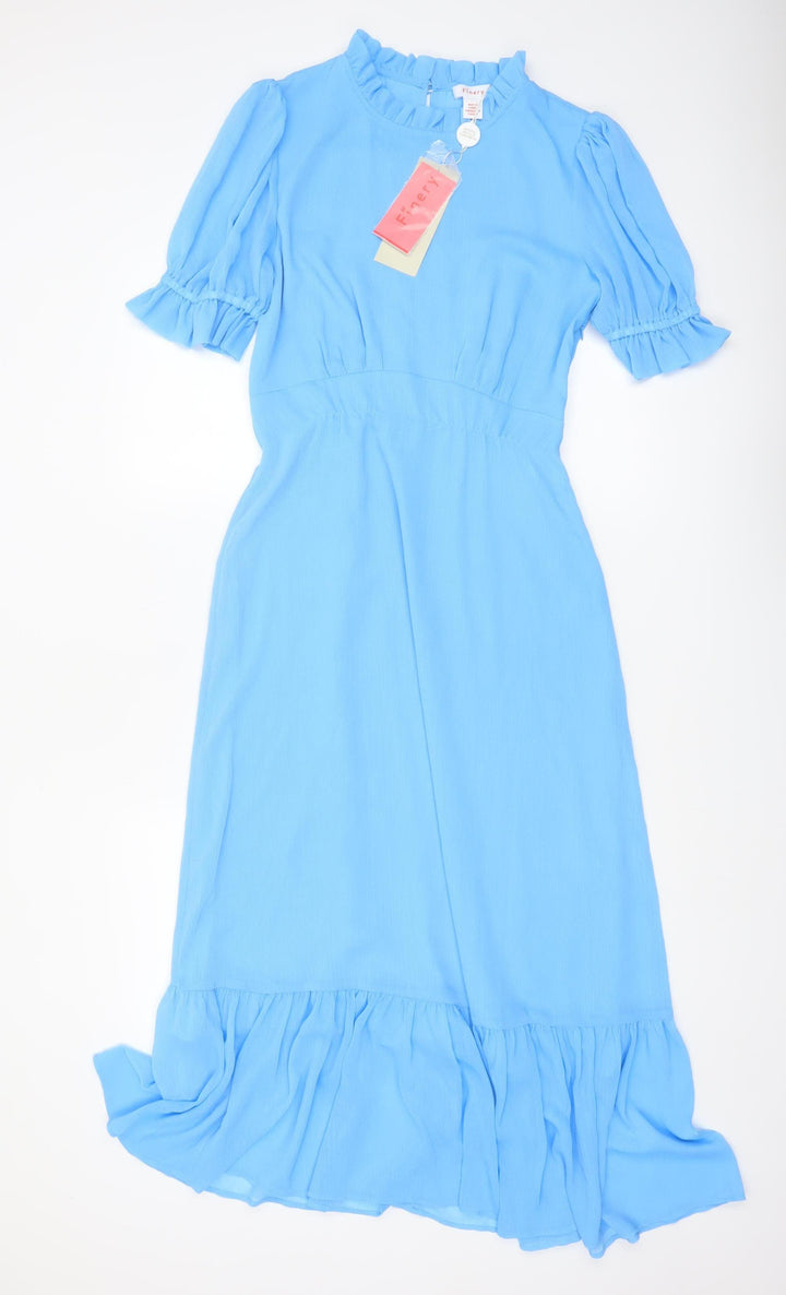 Finery Women Blue Midi Fit & Flare Dress UK 10 Ruffle Puff Sleeve