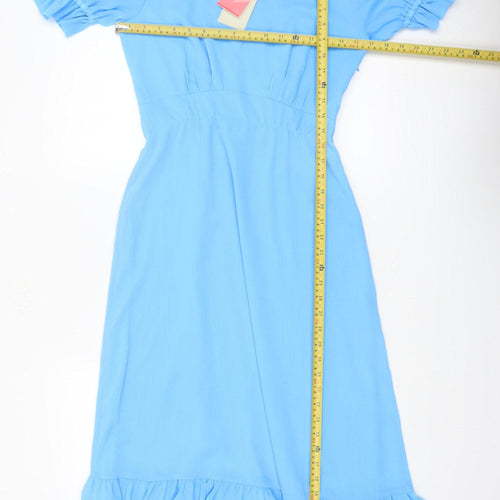 Finery Women Blue Midi Fit & Flare Dress UK 10 Ruffle Puff Sleeve