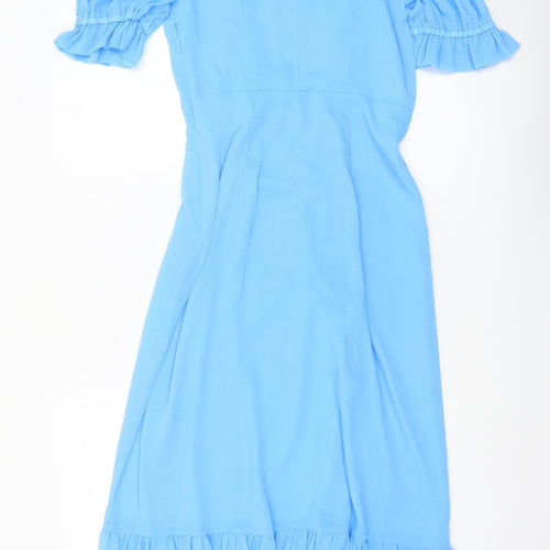 Finery Women Blue Midi Fit & Flare Dress UK 10 Ruffle Puff Sleeve