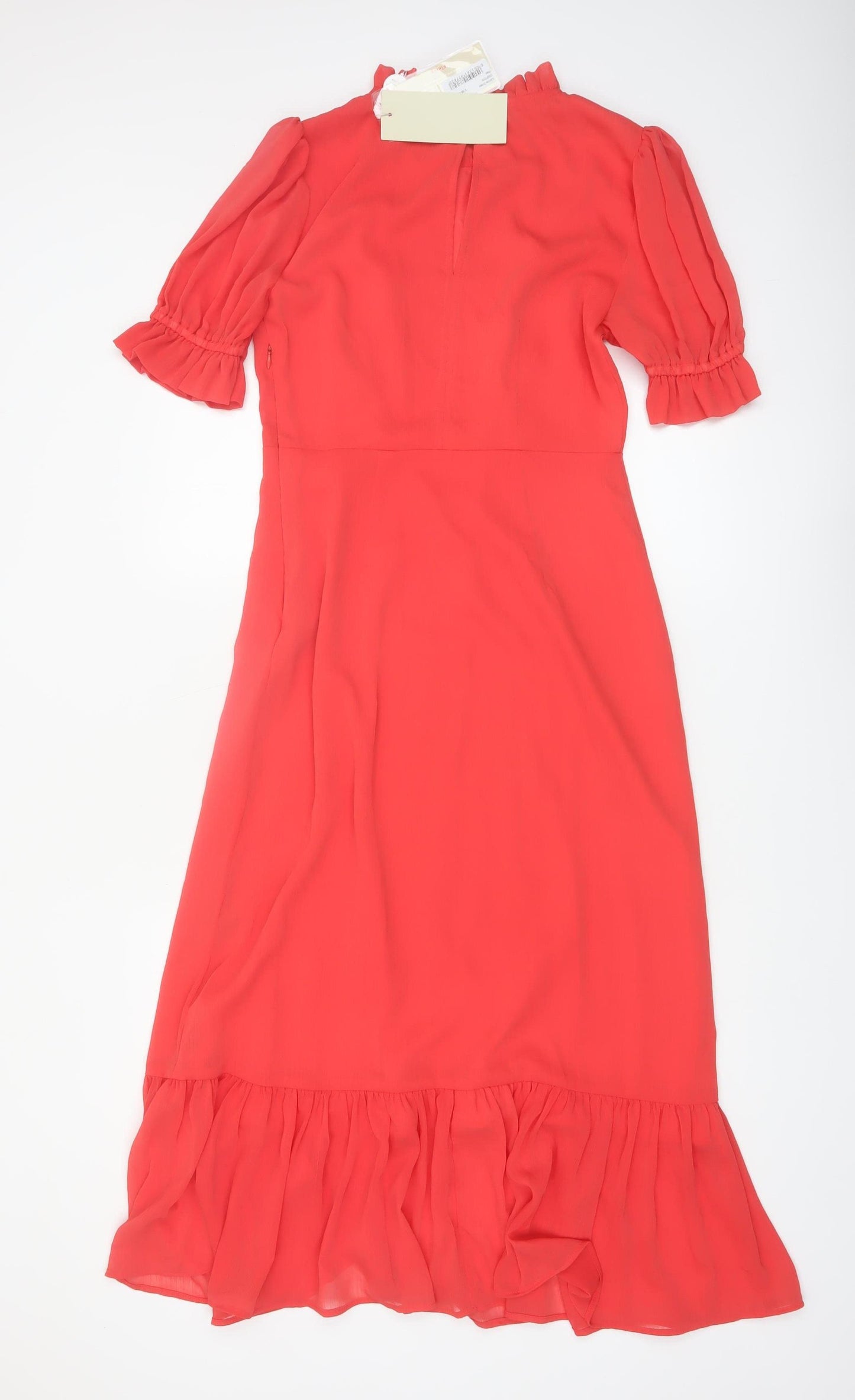 Finery Women Red Midi Fit & Flare Puff Sleeve Ruffle Dress Size 10