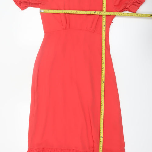 Finery Women Red Midi Fit & Flare Puff Sleeve Ruffle Dress Size 10