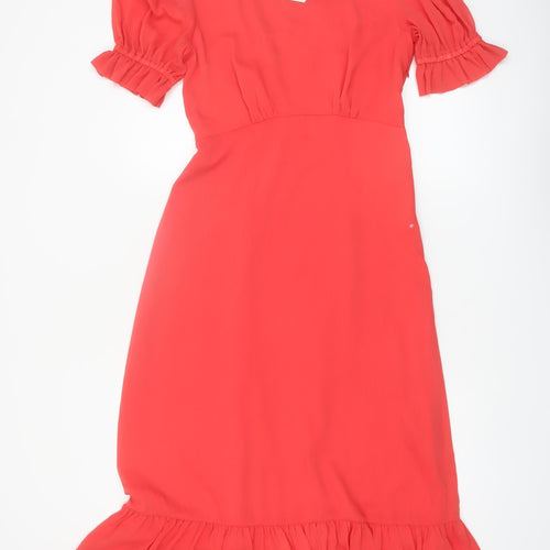 Finery Women Red Midi Fit & Flare Puff Sleeve Ruffle Dress UK 10