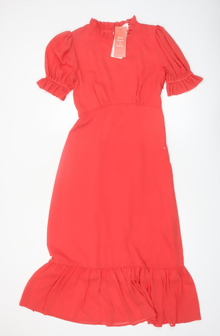 Finery Women Red Midi Fit & Flare Puff Sleeve Ruffle Dress UK 10