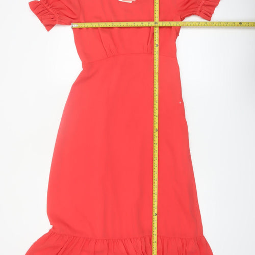 Finery Women Red Midi Fit & Flare Puff Sleeve Ruffle Dress UK 10