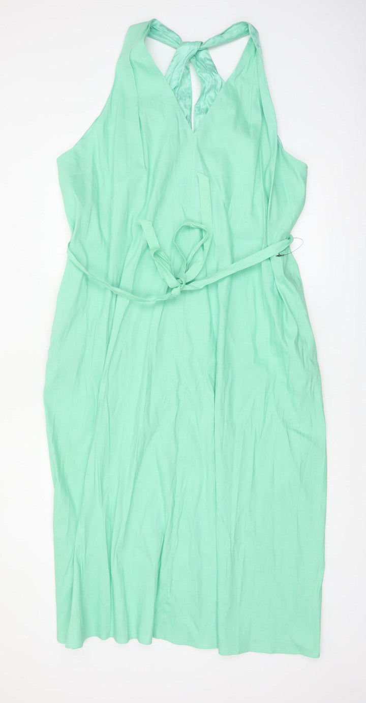 Marks and Spencer Autograph Green Linen Blend Halter Fit & Flare Plus Size 24 Dress