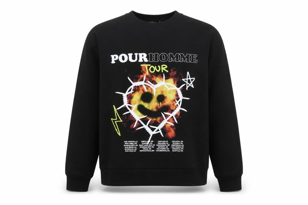 Front view of boohooMAN Men's Black Graphic Print Pullover Sweatshirt, size S