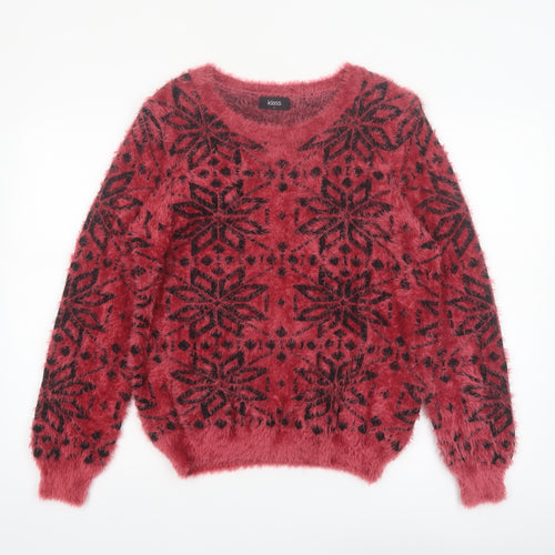 Klass Womens Red Black Fair Isle Fuzzy Pullover Jumper Size L