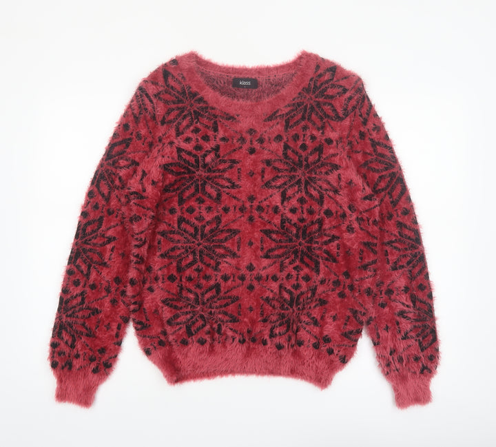 Klass Womens Red Black Fair Isle Fuzzy Pullover Jumper Size L