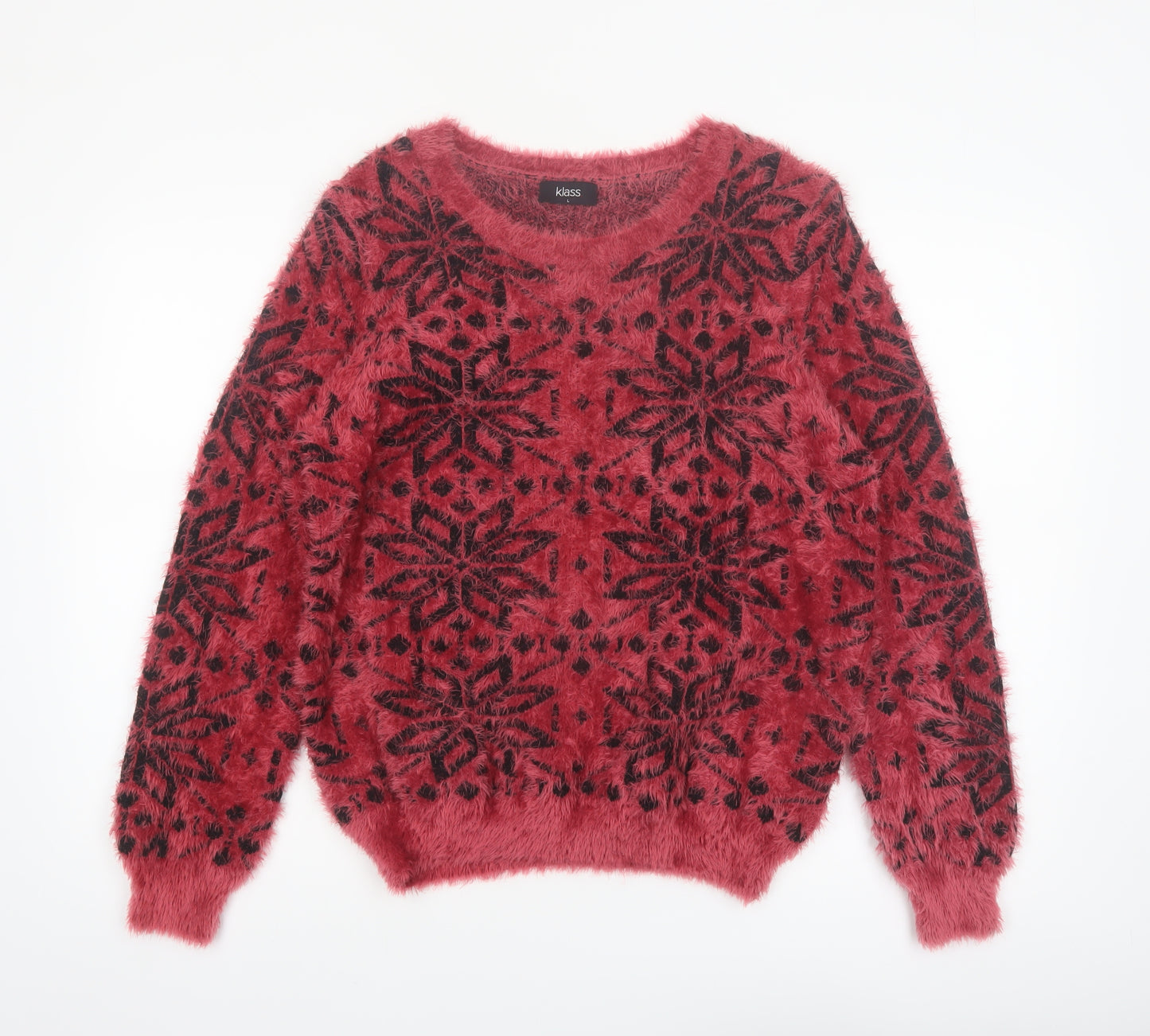 Klass Womens Red Black Fair Isle Fuzzy Pullover Jumper Size L
