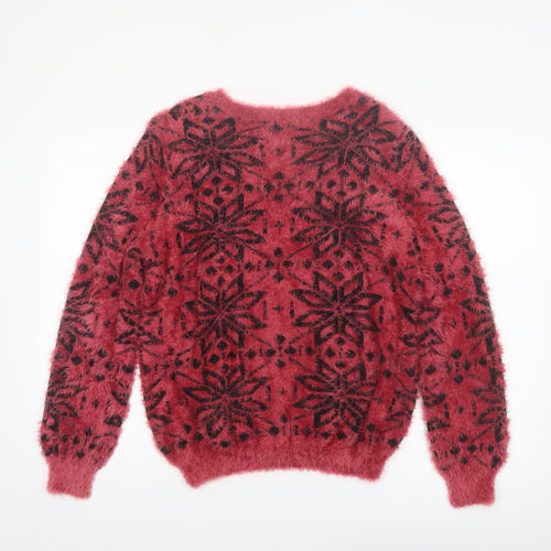 Klass Womens Red Black Fair Isle Fuzzy Pullover Jumper Size L