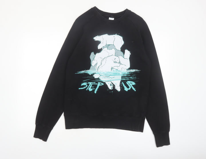 Step Up Mens Black Graphic Polar Bear Sweatshirt M - Organic Cotton Pullover