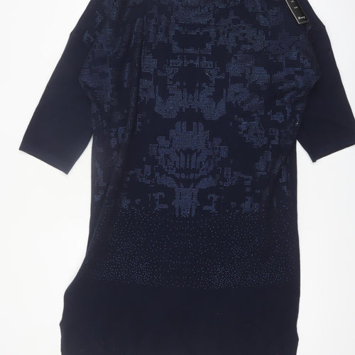 Finery Women’s Blue Knit Shift Dress L Fur Trim Rhinestone Detail