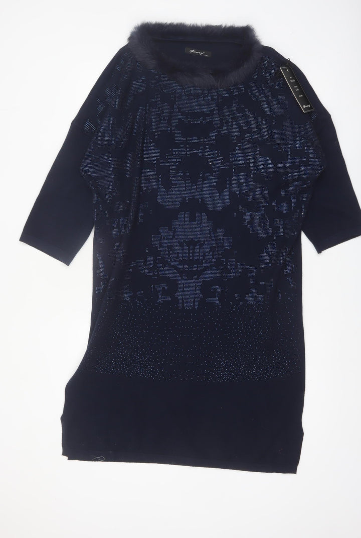 Finery Women’s Blue Knit Shift Dress L Fur Trim Rhinestone Detail