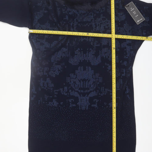 Finery Women’s Blue Knit Shift Dress L Fur Trim Rhinestone Detail
