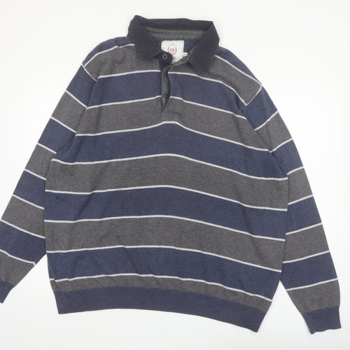 Atlantic Bay Men's Blue Striped Collared Henley Jumper 2XL