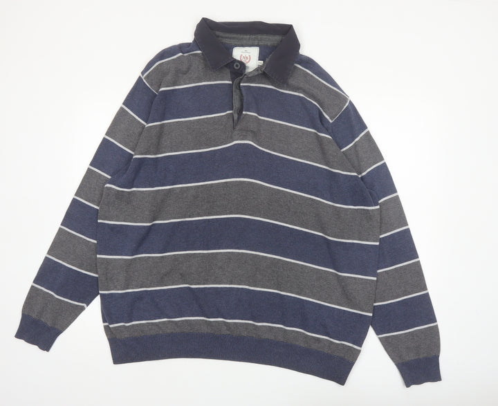Atlantic Bay Men's Blue Striped Collared Henley Jumper 2XL