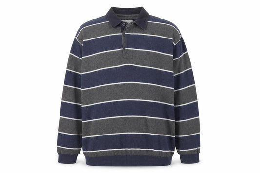 Front view of Atlantic Bay Men's Blue Striped Collared Henley Jumper 2XL