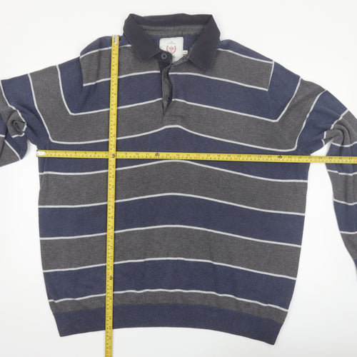 Atlantic Bay Men's Blue Striped Collared Henley Jumper 2XL