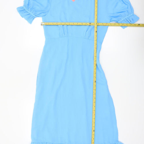 Finery Women Blue Midi Fit & Flare Dress UK 10 Short Sleeve Ruffle