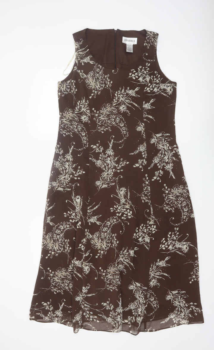 Studio I Women Brown Floral Sleeveless A-Line Dress Size 12