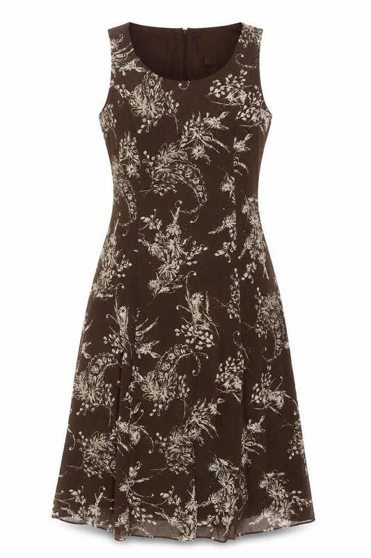 Front view of Studio I Women Brown Floral Sleeveless A-Line Dress, size 12