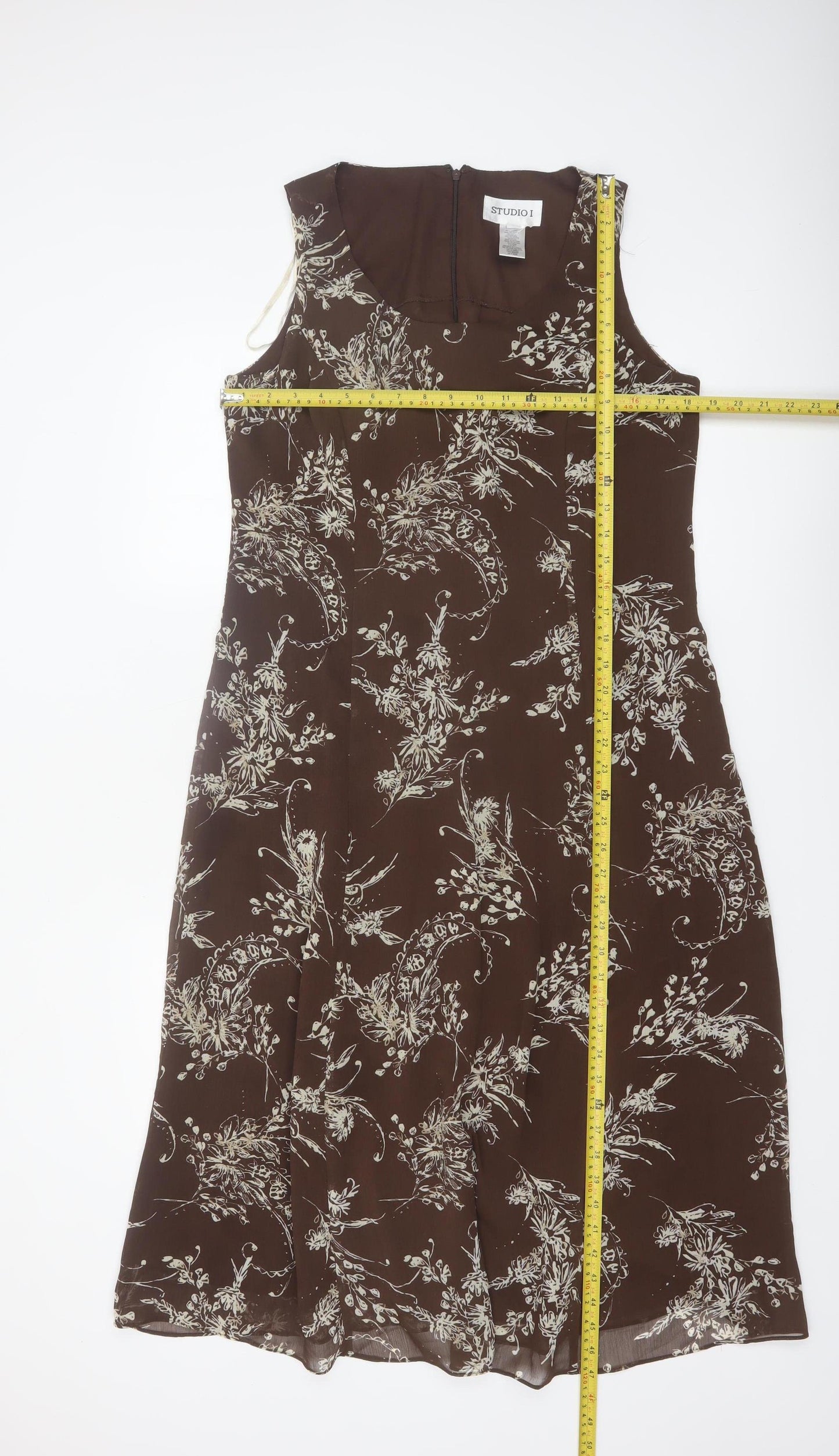 Studio I Women Brown Floral Sleeveless A-Line Dress Size 12