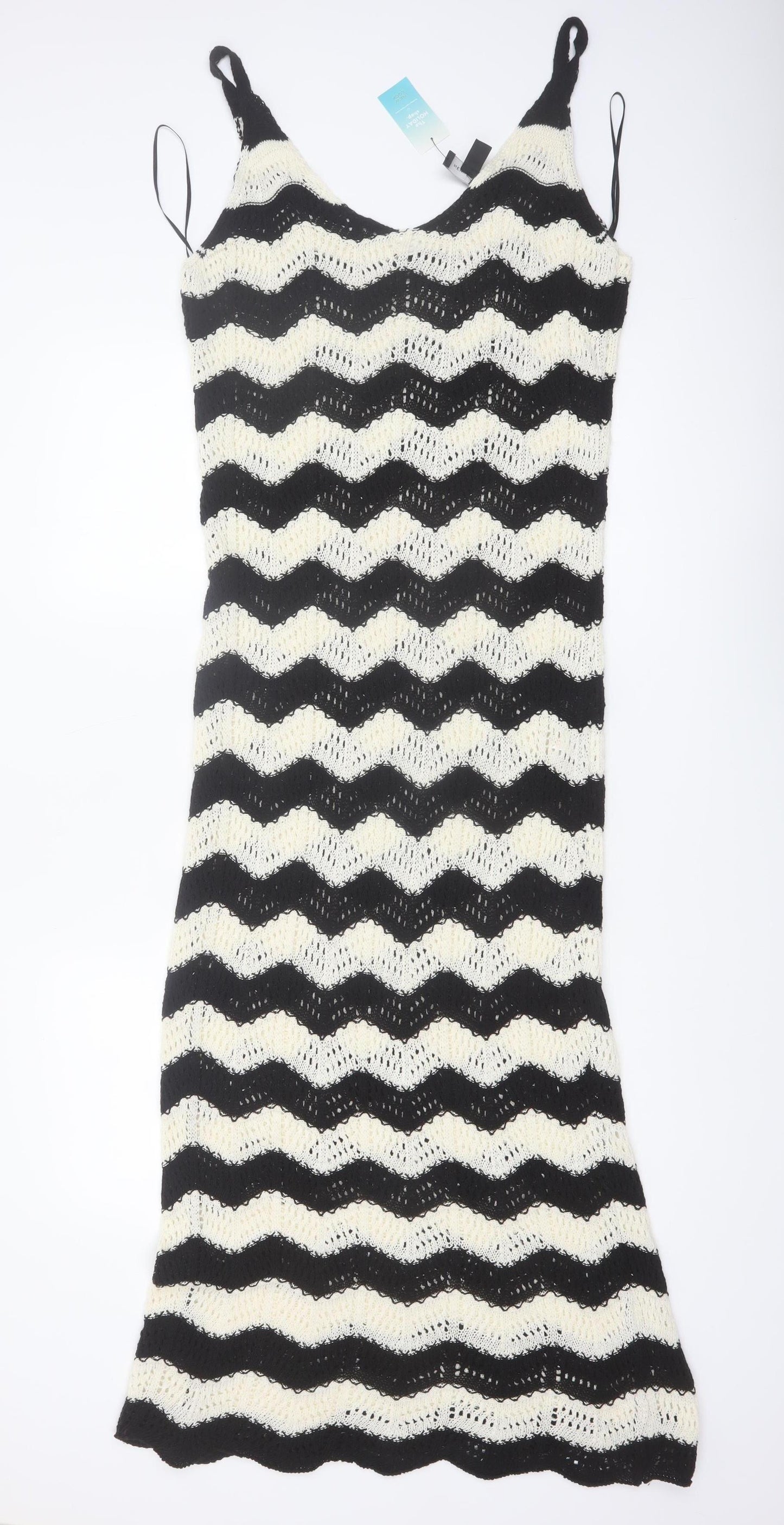 New Look Women’s Black Beige Crochet Knit Midi Slip Dress Size M
