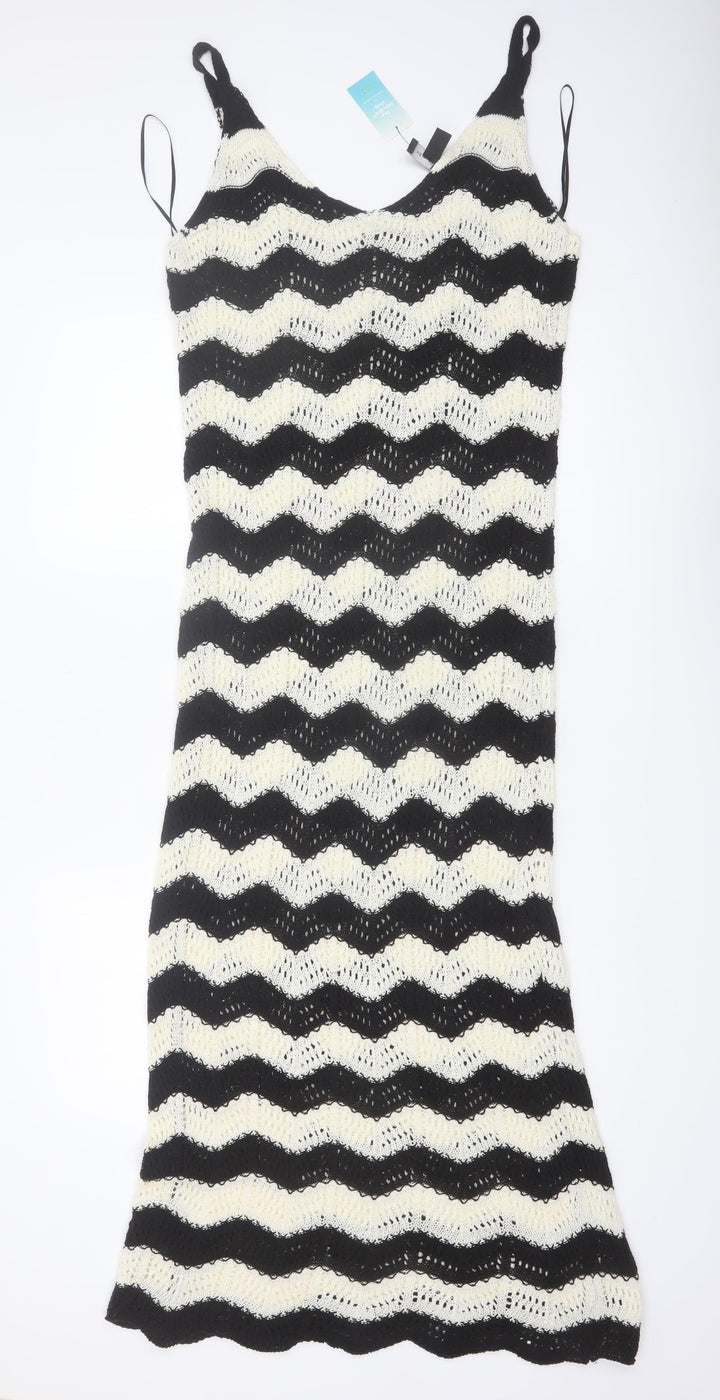 New Look Women’s Black Beige Crochet Knit Midi Slip Dress Size M