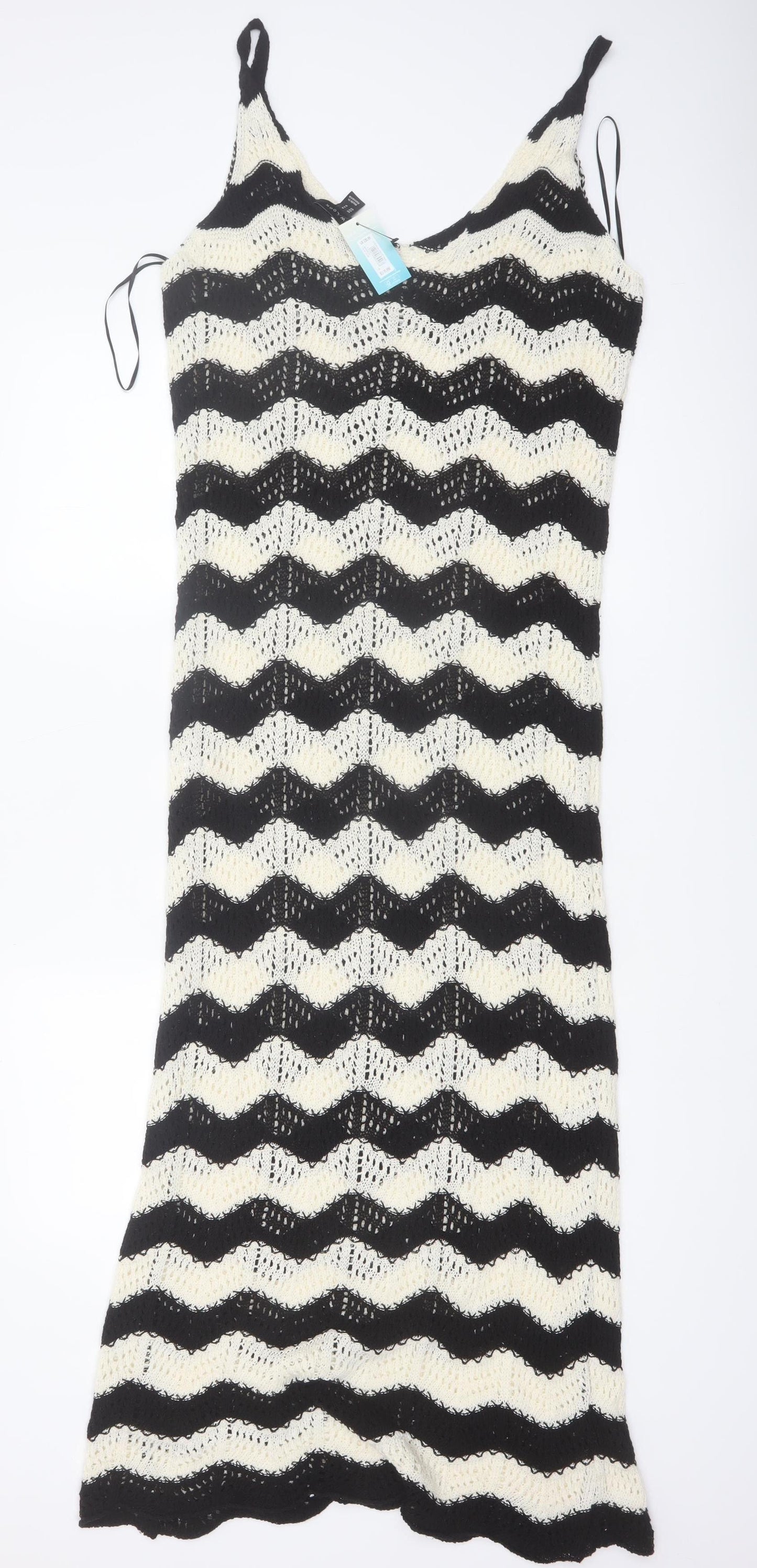New Look Women’s Black Beige Crochet Knit Midi Slip Dress Size M