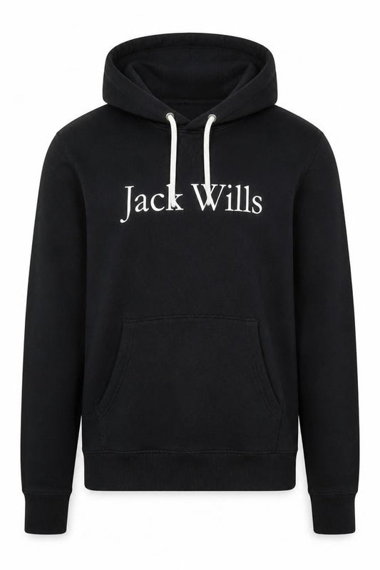 Front view of Jack Wills Men's Black Pullover Hoodie S Regular Fit Logo Fleece