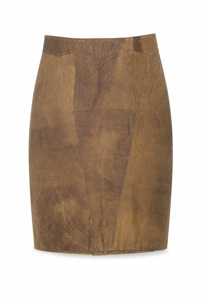 Front view of David Benjamin women’s brown leather pencil skirt, size UK 10, vintage