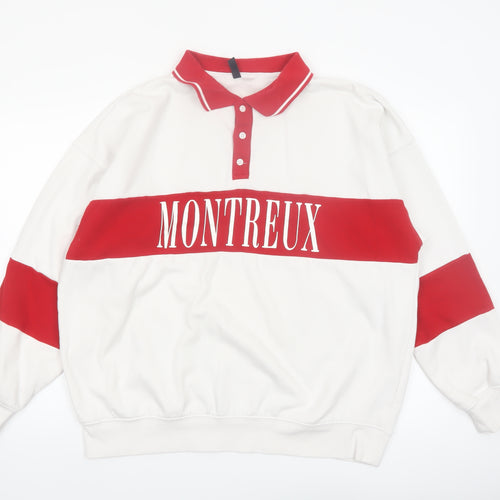 H&M Men’s White Red Montreux Graphic Collared Henley Sweatshirt M