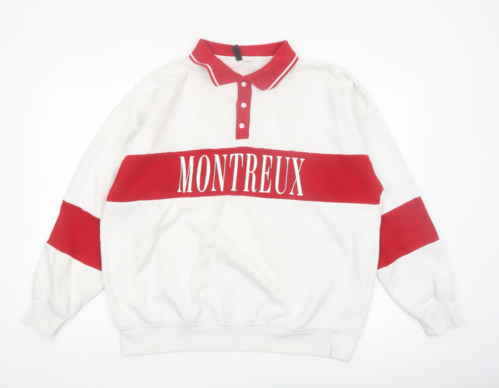 H&M Men’s White Red Montreux Graphic Collared Henley Sweatshirt M
