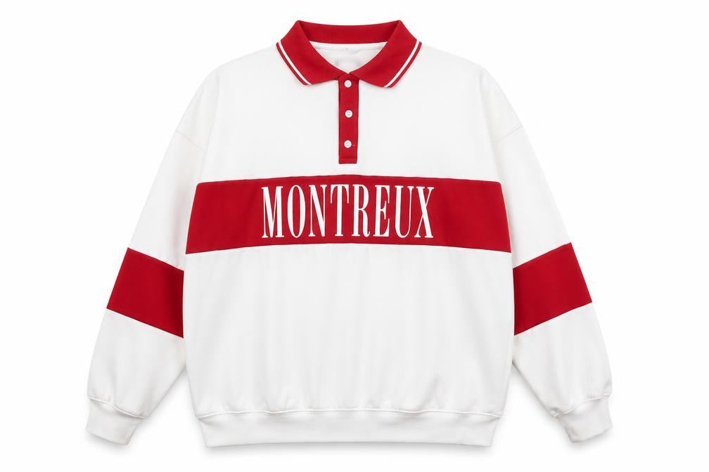 Front view of H&M Men’s White Red Montreux Graphic Collared Henley Sweatshirt M