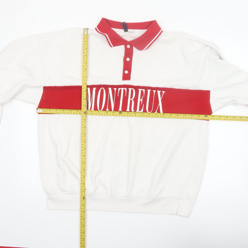 H&M Men’s White Red Montreux Graphic Collared Henley Sweatshirt M