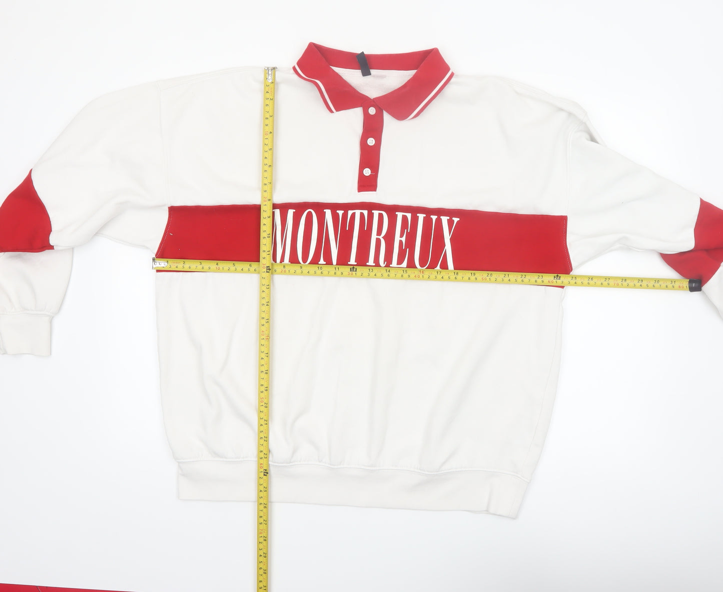 H&M Men’s White Red Montreux Graphic Collared Henley Sweatshirt M