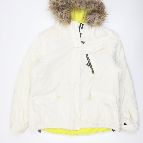 Fat Face Women White Faux Fur Hooded Ski Jacket Size 18 Waterproof Warm