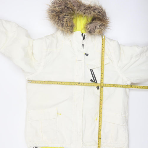Fat Face Women White Faux Fur Hooded Ski Jacket Size 18 Waterproof Warm