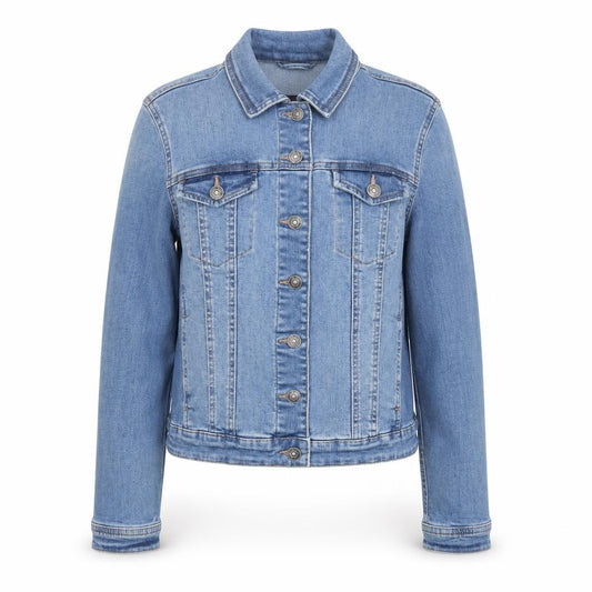 Front view of Next Women's Blue Denim Jacket, size 10, Classic Casual