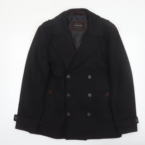 River Island Men's Black Wool Pea Coat L Classic Winter Jacket