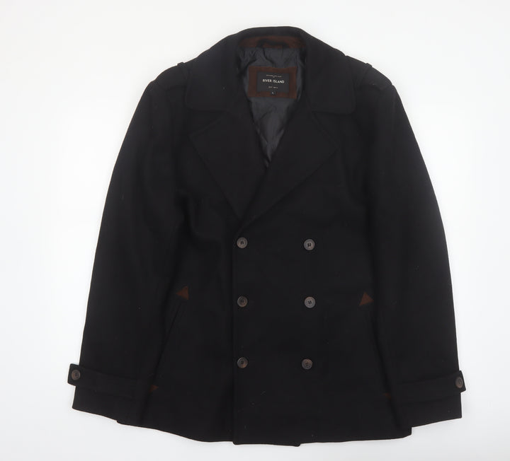 River Island Men's Black Wool Pea Coat L Classic Winter Jacket