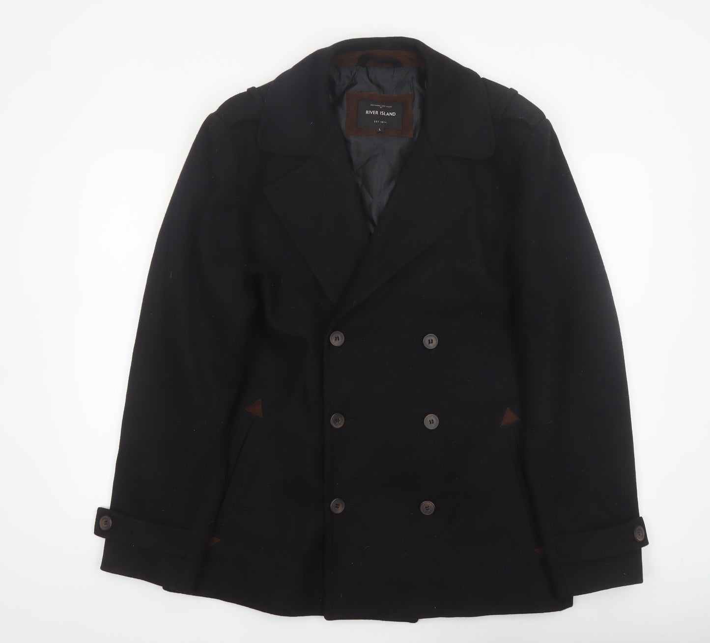 River Island Men's Black Wool Pea Coat L Classic Winter Jacket