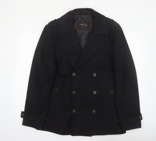 River Island Men's Black Wool Pea Coat L Classic Winter Jacket