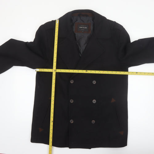 River Island Men's Black Wool Pea Coat L Classic Winter Jacket