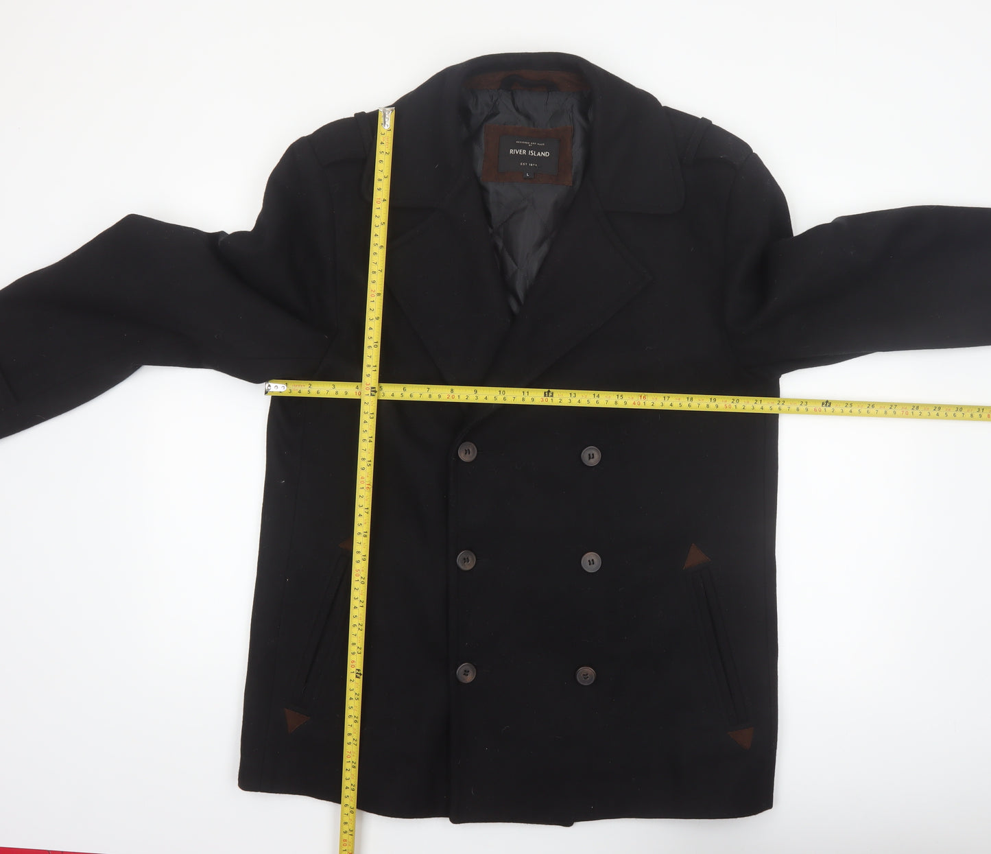 River Island Men's Black Wool Pea Coat L Classic Winter Jacket