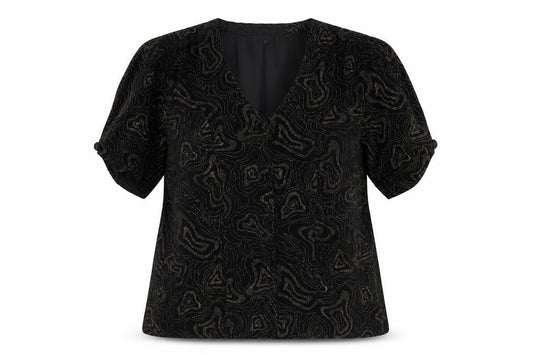Front view of Charlotte Halton Women’s Black Beaded Velvet Blouse, size UK 12, Evening Classic