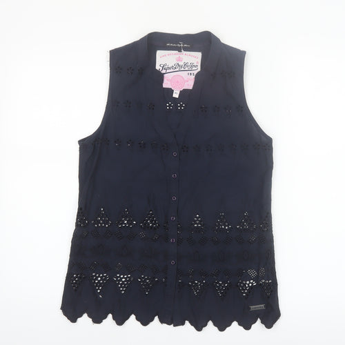 Superdry Women Blue Sleeveless Cotton Broderie Blouse XS