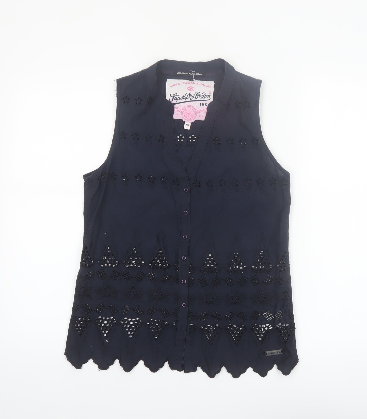 Superdry Women Blue Sleeveless Cotton Broderie Blouse XS