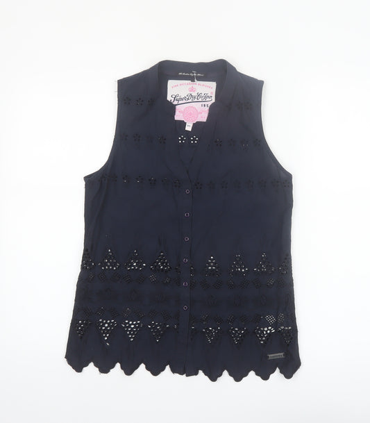 Superdry Women Blue Sleeveless Cotton Broderie Blouse XS